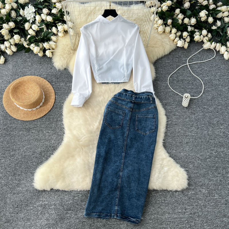 Korejskog stila košulja s dugim rukavima i patchwork detaljima uz pojas u struku, denim midi suknja, dvodijelni set