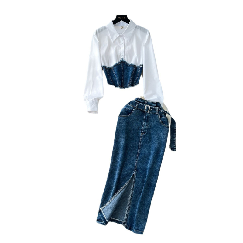 Korejskog stila košulja s dugim rukavima i patchwork detaljima uz pojas u struku, denim midi suknja, dvodijelni set