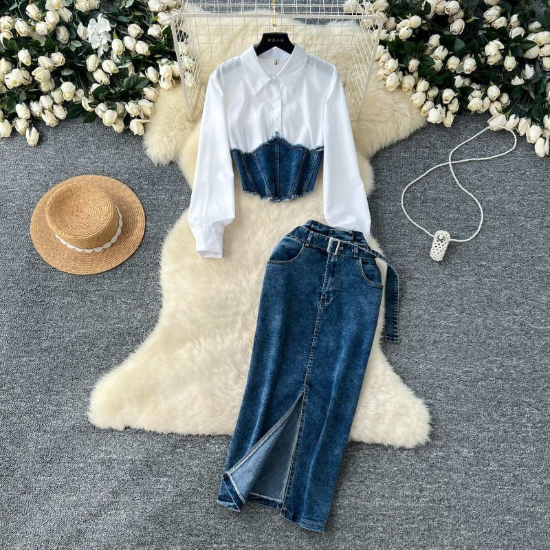 Korejskog stila košulja s dugim rukavima i patchwork detaljima uz pojas u struku, denim midi suknja, dvodijelni set