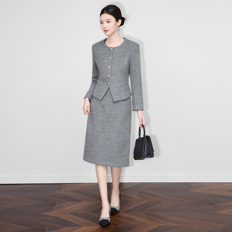Nanyou Ženski dvodijelni kostim: sako i suknja – elegantan poslovni stil, debeli vuneni miks