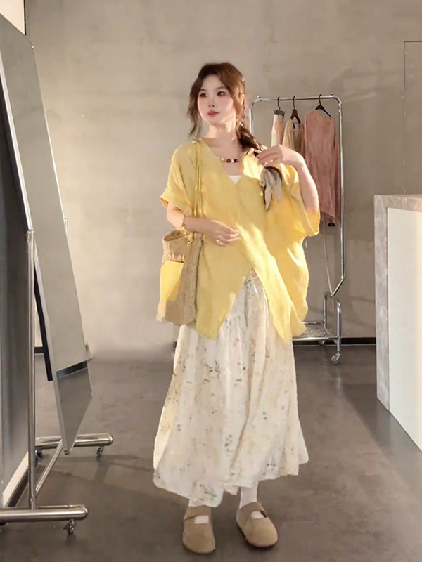 Plus-size set dvaju komada: košulja kratkih rukava s cvjetnim uzorkom i midi suknja, ljetni stil za žene