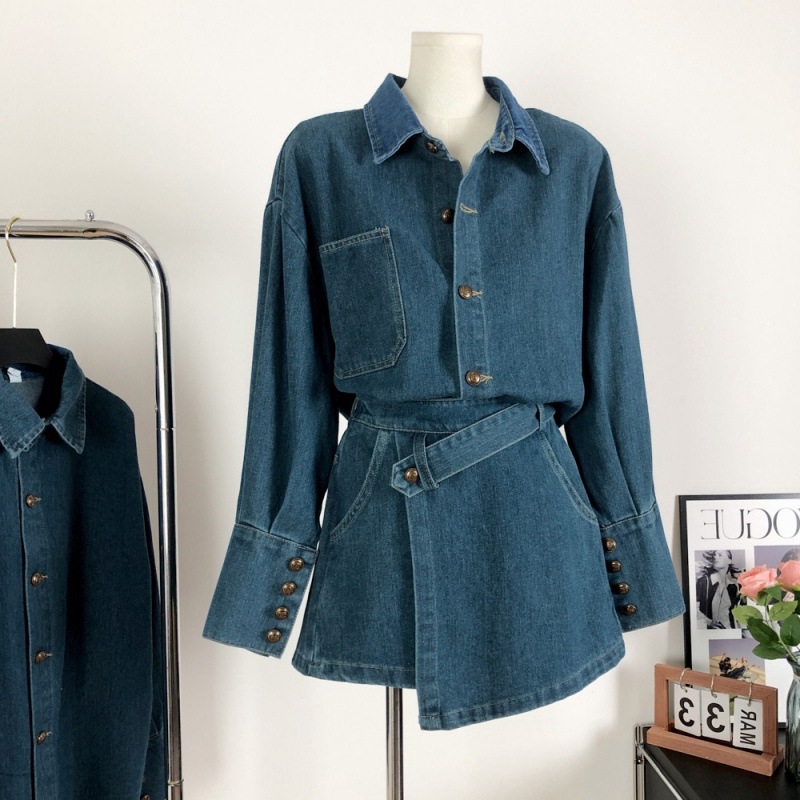 Ženski dvodijelni denim set za sitniju figuru, jesen 2024, nova moda, ležerno elegantan komplet s košulom i suknjom