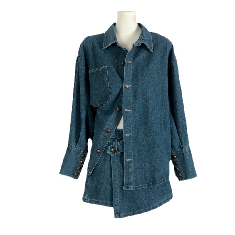 Ženski dvodijelni denim set za sitniju figuru, jesen 2024, nova moda, ležerno elegantan komplet s košulom i suknjom