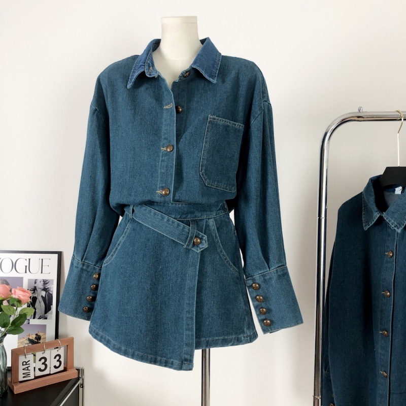 Ženski dvodijelni denim set za sitniju figuru, jesen 2024, nova moda, ležerno elegantan komplet s košulom i suknjom