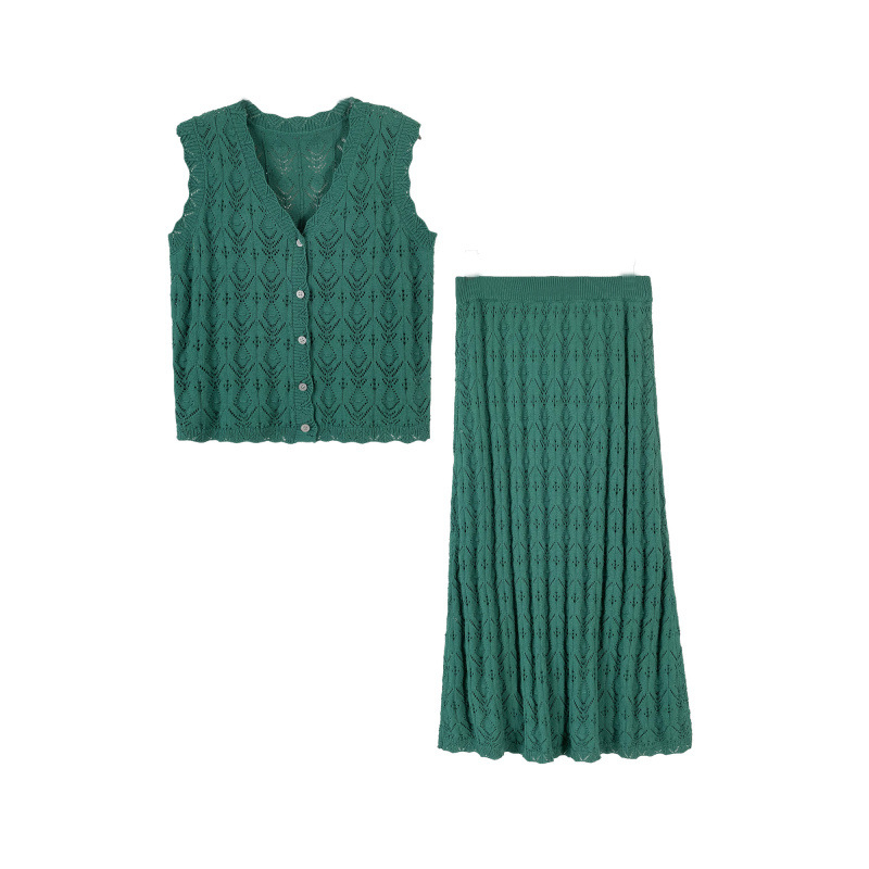 Ženski dvodijelni set: bez rukava top od Ice Silk i duga A-linijska suknja s prorezima, retro resort stil, ljeto 2025