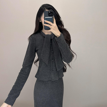 Ženski set: top cardigan s trakom u francuskom stilu i suknja s visokim strukom, kroj u obliku riblje rep, zima, vrhunska kvaliteta