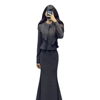 Ženski set: top cardigan s trakom u francuskom stilu i suknja s visokim strukom, kroj u obliku riblje rep, zima, vrhunska kvaliteta