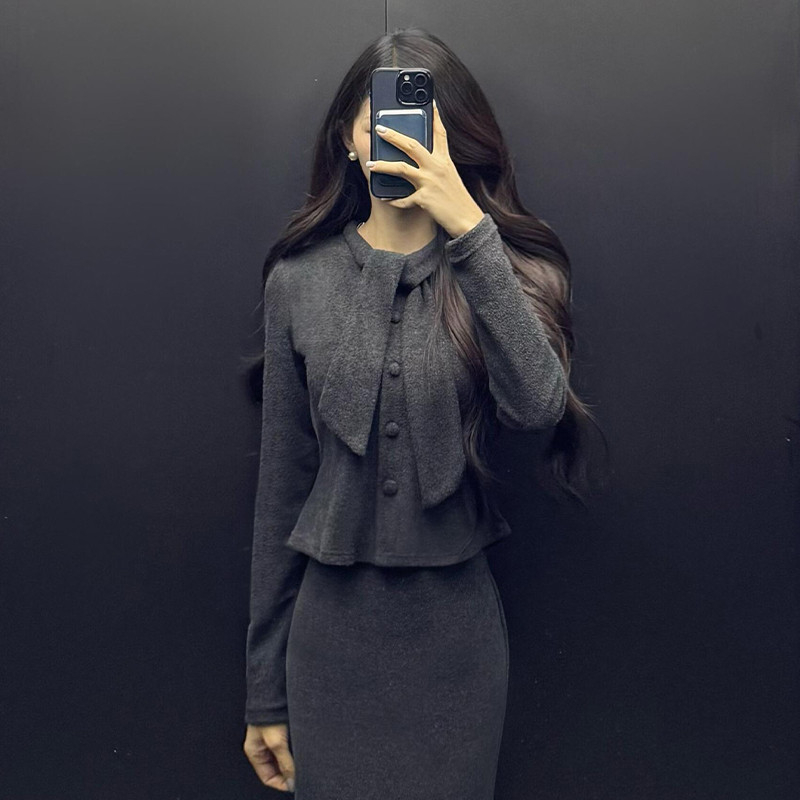 Ženski set: top cardigan s trakom u francuskom stilu i suknja s visokim strukom, kroj u obliku riblje rep, zima, vrhunska kvaliteta