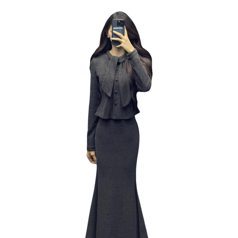 Ženski set: top cardigan s trakom u francuskom stilu i suknja s visokim strukom, kroj u obliku riblje rep, zima, vrhunska kvaliteta