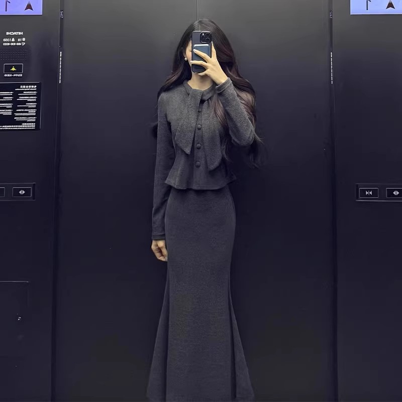 Ženski set: top cardigan s trakom u francuskom stilu i suknja s visokim strukom, kroj u obliku riblje rep, zima, vrhunska kvaliteta