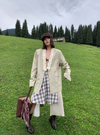 Unity Mode Nepravilna retro karirana patchwork midi suknja za žene, kafa boja, veličine S, M, L, šifra 251019