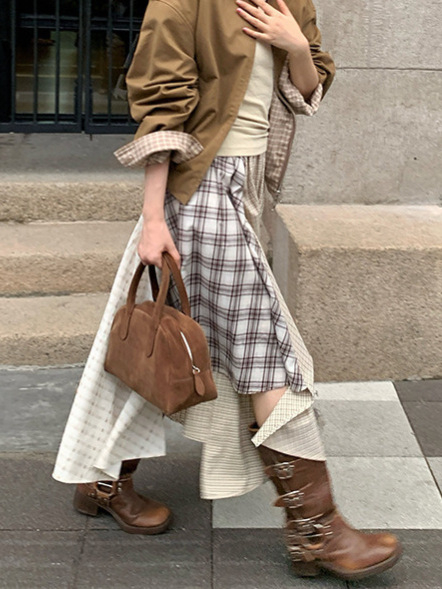 Unity Mode Nepravilna retro karirana patchwork midi suknja za žene, kafa boja, veličine S, M, L, šifra 251019