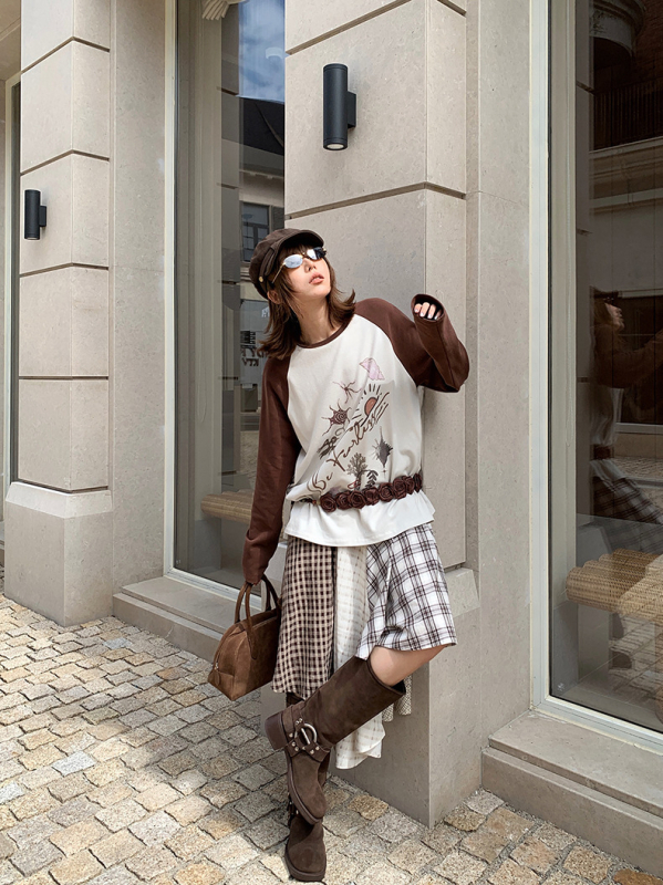 Unity Mode Nepravilna retro karirana patchwork midi suknja za žene, kafa boja, veličine S, M, L, šifra 251019