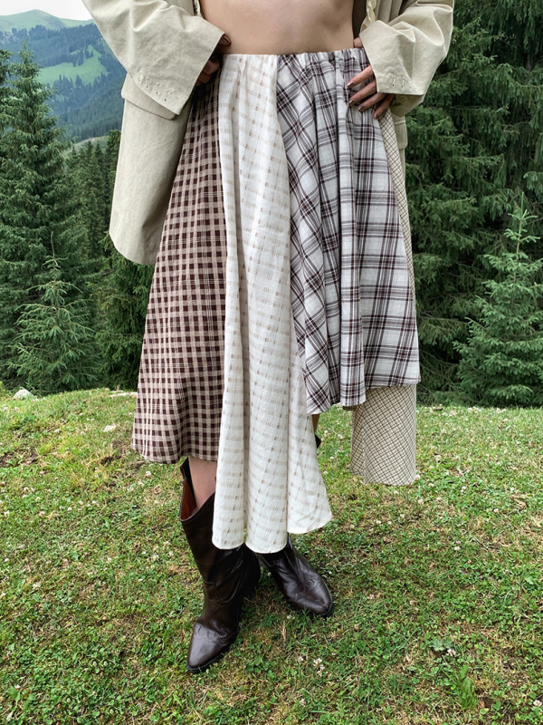 Unity Mode Nepravilna retro karirana patchwork midi suknja za žene, kafa boja, veličine S, M, L, šifra 251019