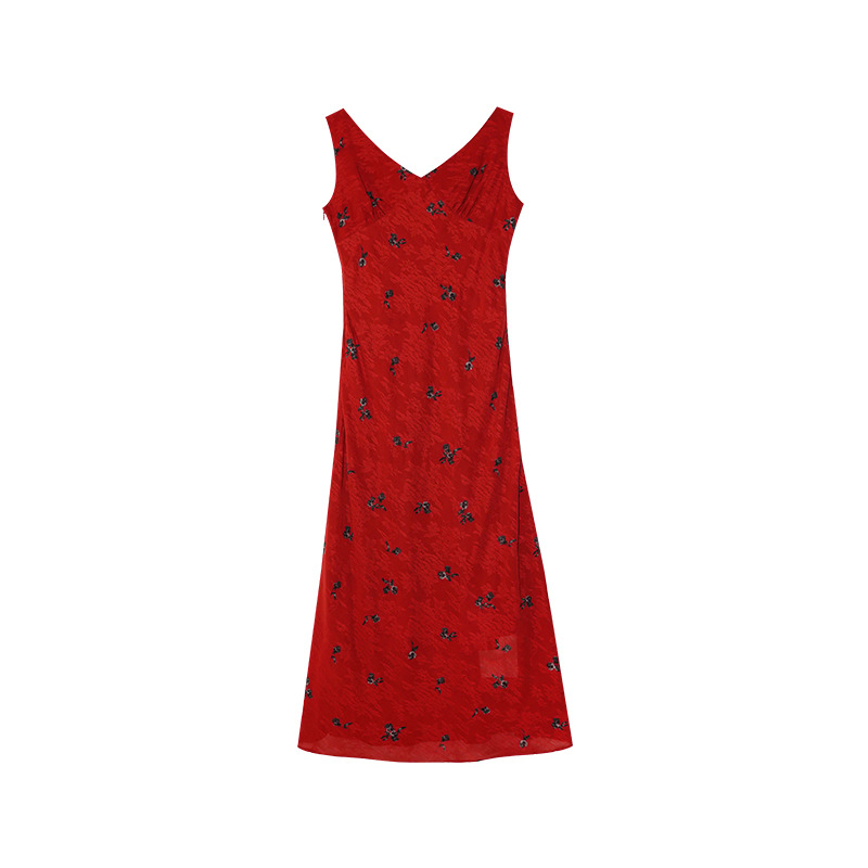 NEW OPEN ORIGINAL 25 Ljeto u francuskom stilu: elegantna haljina bez rukava s V-izrezom, uski kroj, duga suknja, otisak s raspuklim cvjetovima, S5213