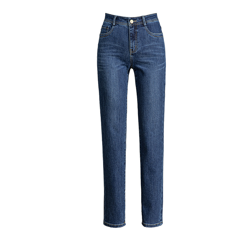 Damske traperice od denima sa slim-fit krojem, visokim strukom, elastične, cropped do gležnja, skinny pencil silueta – 22605, jesen 2025