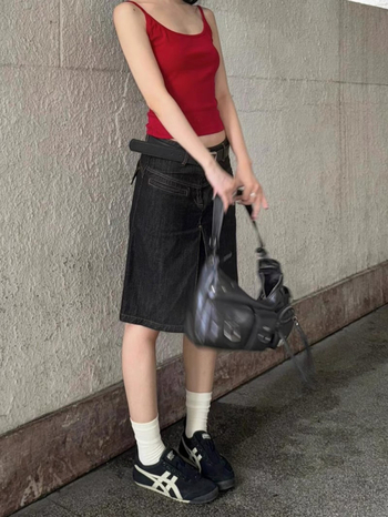 Ženska američko-retro denim midi suknja, ljeto 2024 dizajn, visoki pojas, uska A‑linija kroja