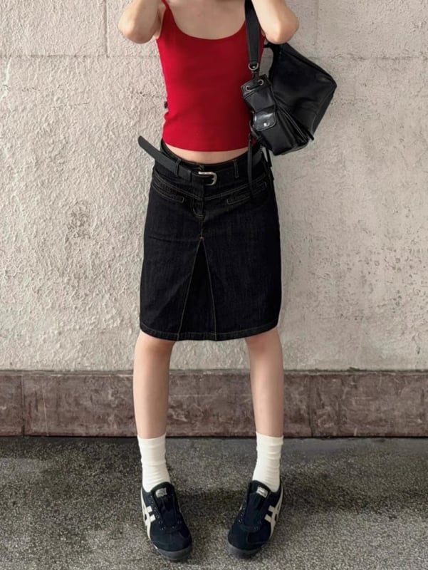 Ženska američko-retro denim midi suknja, ljeto 2024 dizajn, visoki pojas, uska A‑linija kroja