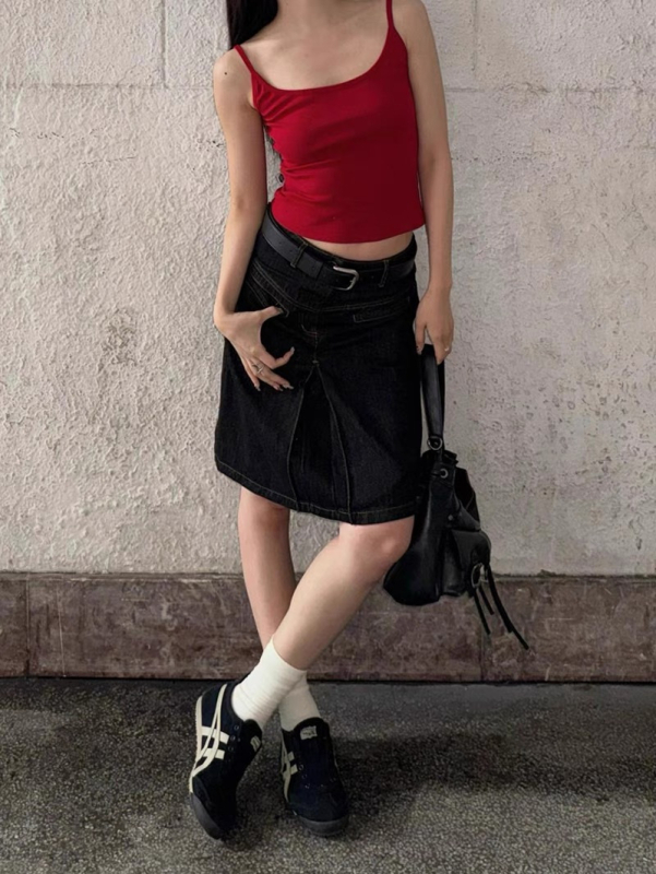 Ženska američko-retro denim midi suknja, ljeto 2024 dizajn, visoki pojas, uska A‑linija kroja