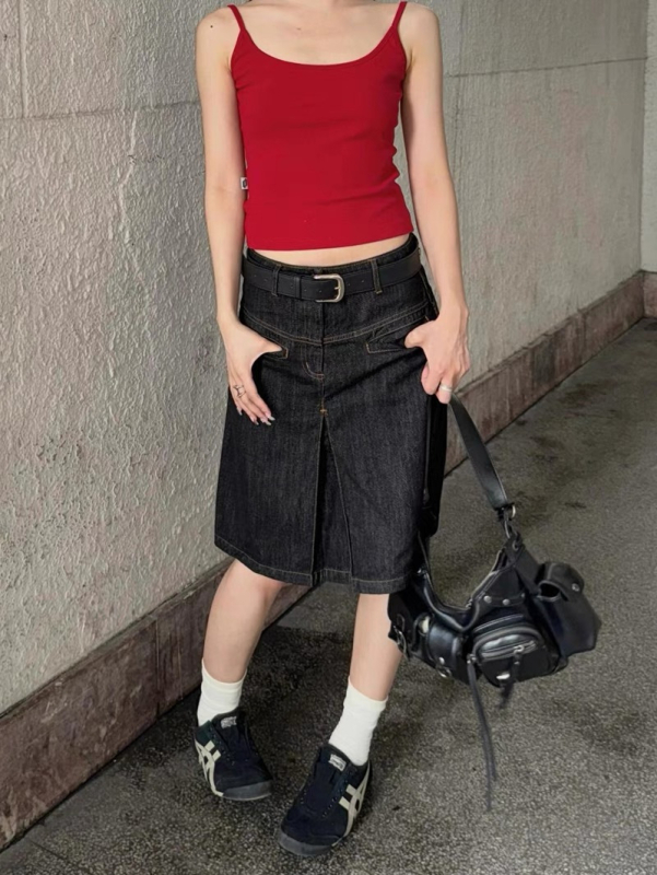 Ženska američko-retro denim midi suknja, ljeto 2024 dizajn, visoki pojas, uska A‑linija kroja