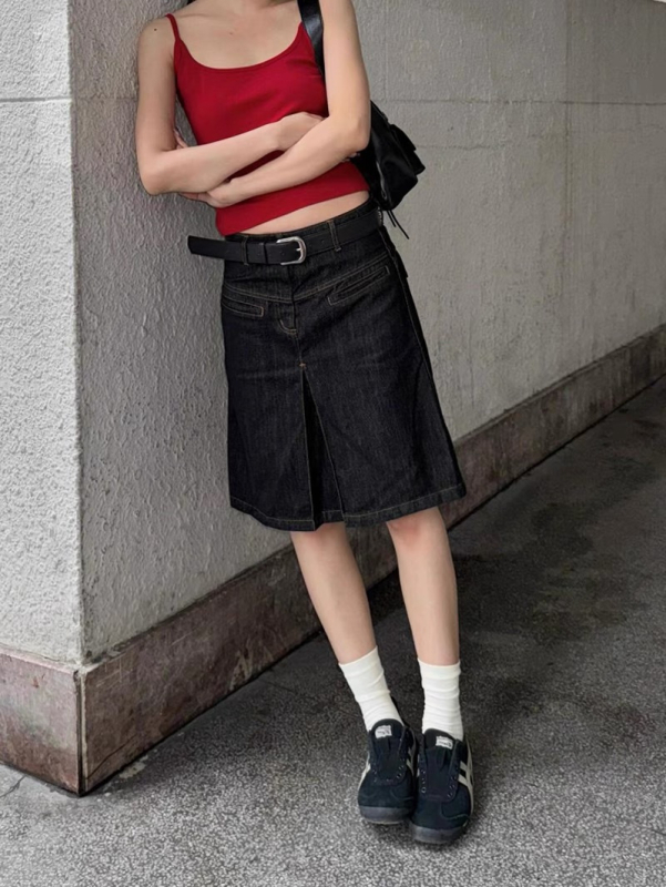 Ženska američko-retro denim midi suknja, ljeto 2024 dizajn, visoki pojas, uska A‑linija kroja