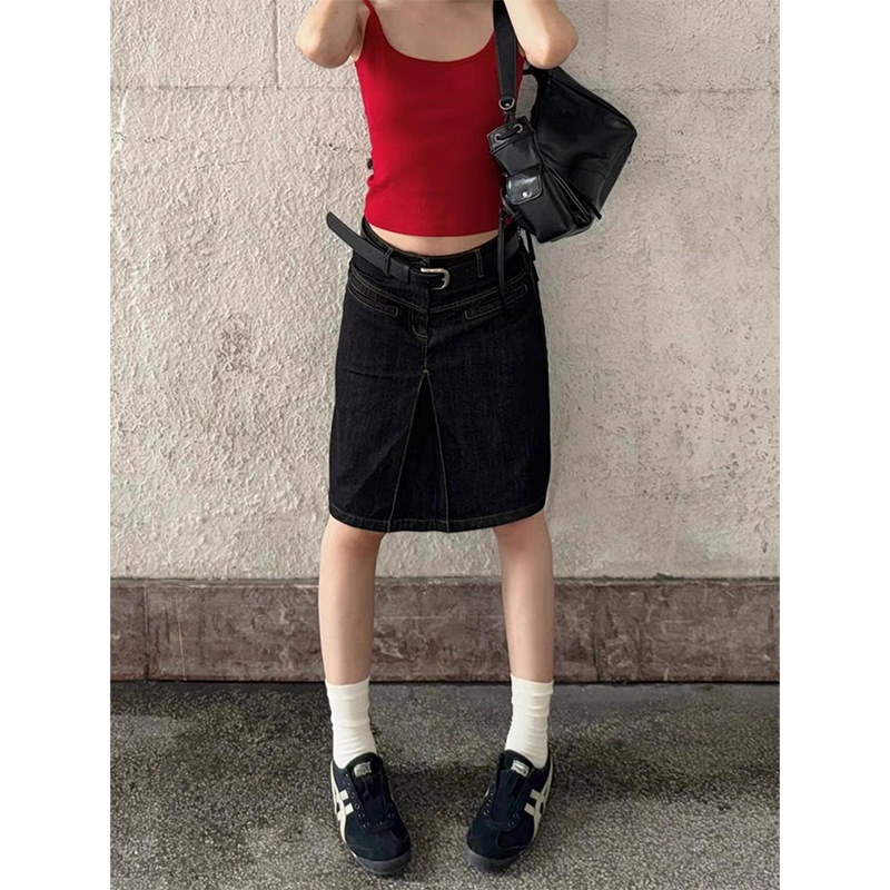 Ženska američko-retro denim midi suknja, ljeto 2024 dizajn, visoki pojas, uska A‑linija kroja