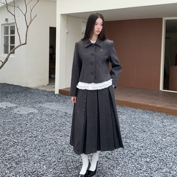 Elegantni vuneni kostim sa suknjom i čipkom za jesen i zimu