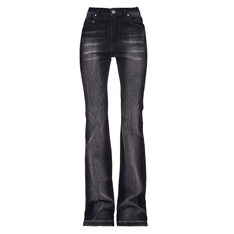 Crne traperice od denima s visokim strukom, elastične, retro gradski stil, uska silueta i mikroflare hlače za žene