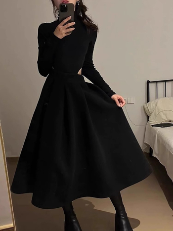 Crna midi suknja s visokim strukom, A-linija, Hepburn stil, pahuljasta silueta nalik kišobranu