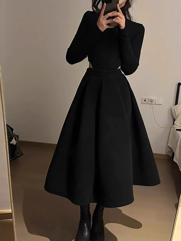 Crna midi suknja s visokim strukom, A-linija, Hepburn stil, pahuljasta silueta nalik kišobranu
