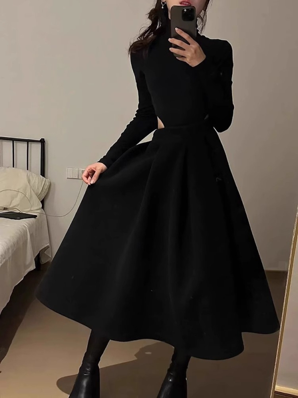 Crna midi suknja s visokim strukom, A-linija, Hepburn stil, pahuljasta silueta nalik kišobranu