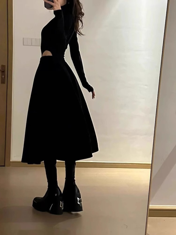 Crna midi suknja s visokim strukom, A-linija, Hepburn stil, pahuljasta silueta nalik kišobranu