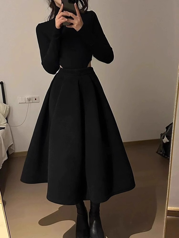 Crna midi suknja s visokim strukom, A-linija, Hepburn stil, pahuljasta silueta nalik kišobranu