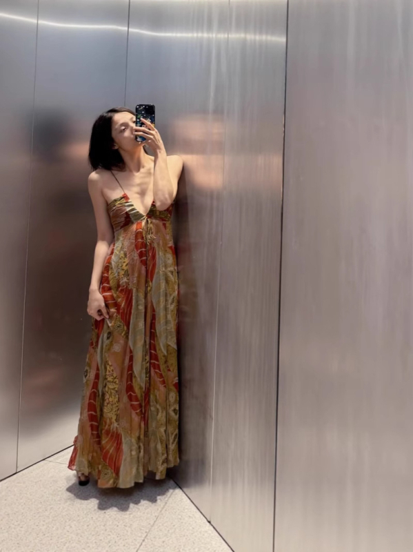 Ženska midi haljina bez rukava s V-izrezom, otisak, A-linija, visoki struk, ljeto 2025, resort stil