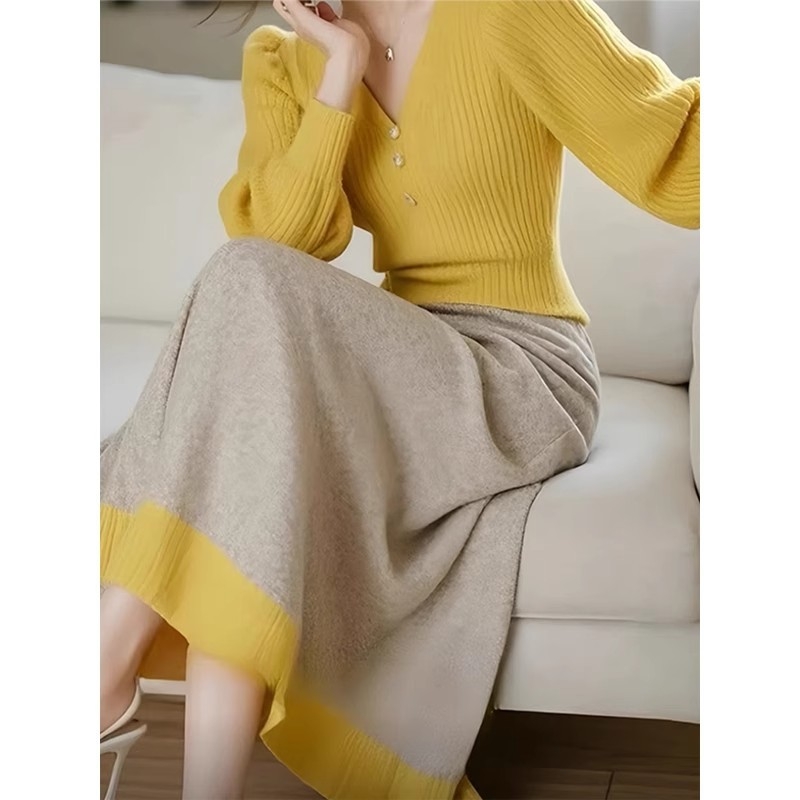 Ženski dvodijelni casual set: top s V izrezom i dugim rukavima te suknja, jesenja kolekcija