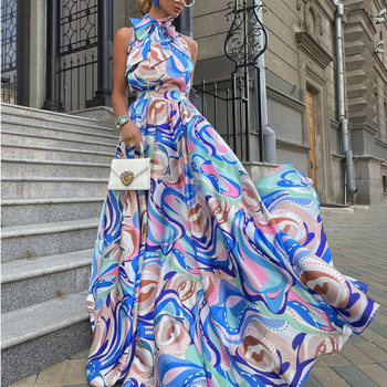 Plava šifonska haljina s tankim trakama, duga, visokim strukom, otisak, okrugli izrez, elegantan stil