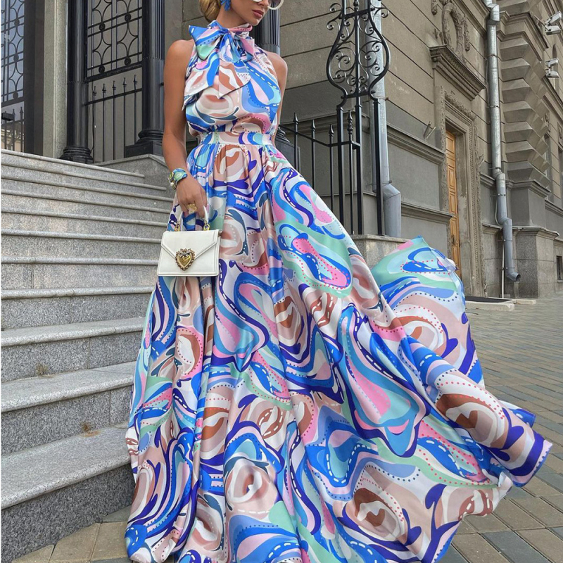 Plava šifonska haljina s tankim trakama, duga, visokim strukom, otisak, okrugli izrez, elegantan stil