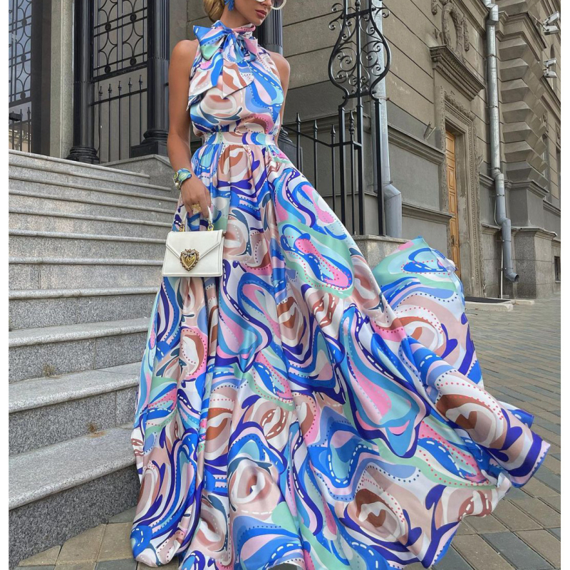 Plava šifonska haljina s tankim trakama, duga, visokim strukom, otisak, okrugli izrez, elegantan stil