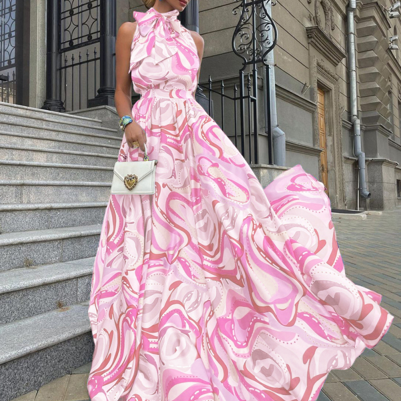 Plava šifonska haljina s tankim trakama, duga, visokim strukom, otisak, okrugli izrez, elegantan stil