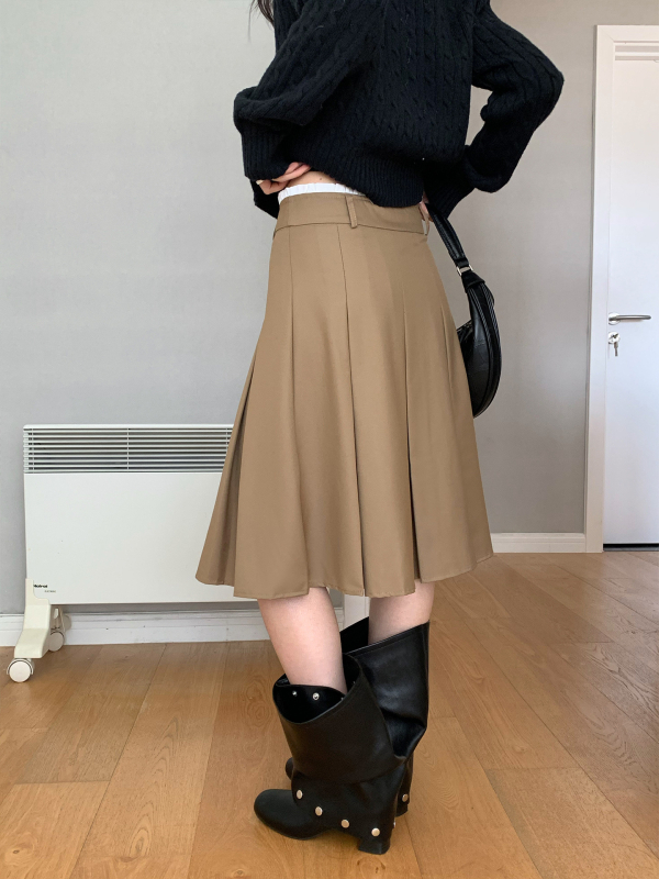 Loopin udobna midi suknja u kaki boji s color-block dizajnom i vezanjem, za žene, A-linija, visok pas, plisirana