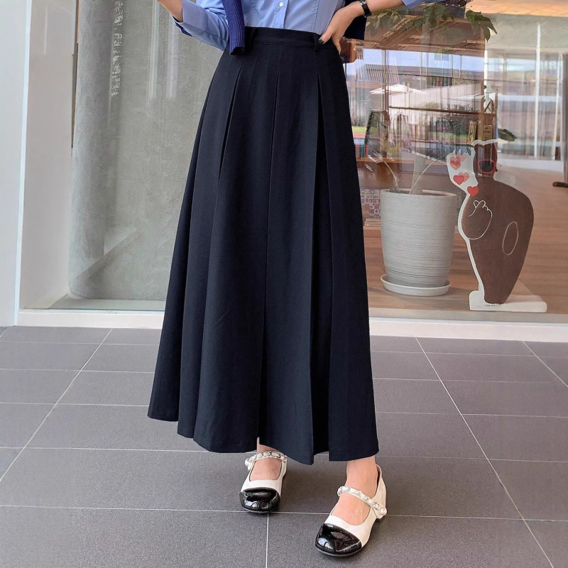Tamno plava plisirana duga suknja za žene, A-linija, ležerni jesenski stil