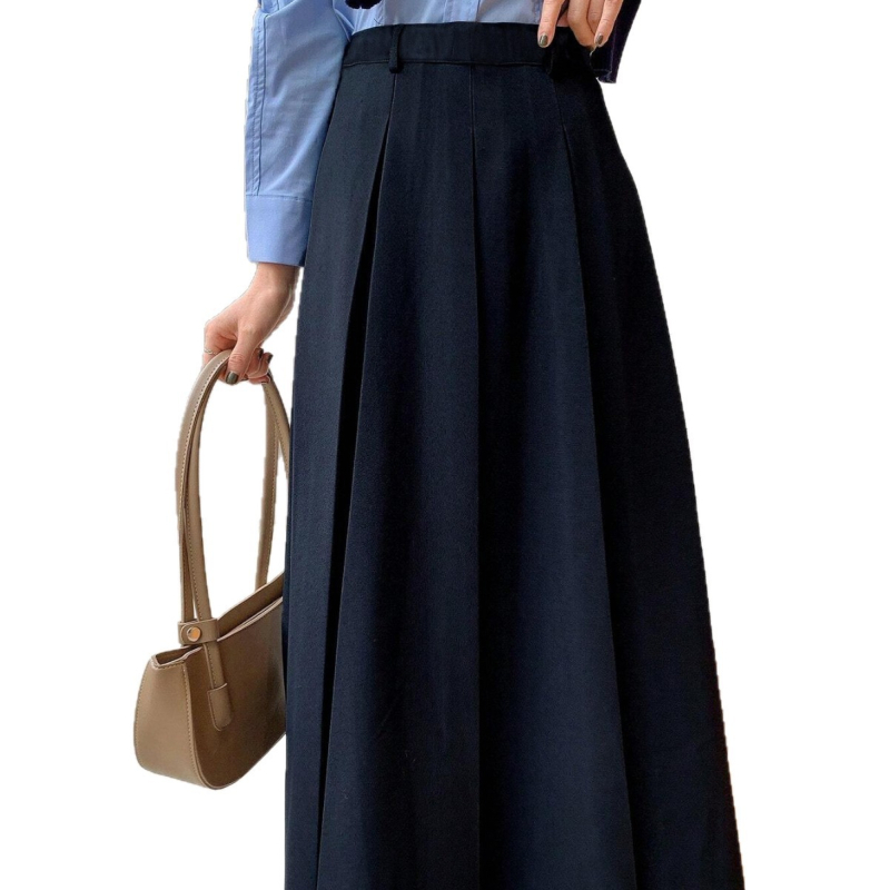 Tamno plava plisirana duga suknja za žene, A-linija, ležerni jesenski stil