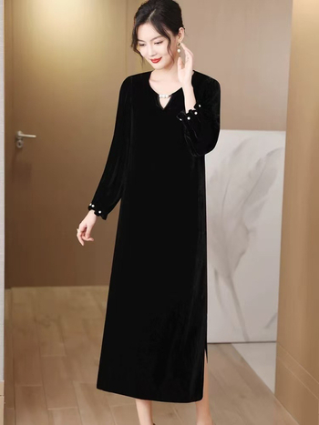 Ženska jesenja haljina od svilenog velura, Hepburn stil, dugi rukavi, 2025 novi model