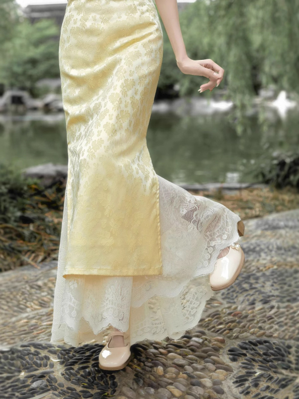Qipao s podstavom i mrežastom čipkanom midi suknjom, elastna retro podloga za vitak kroj
