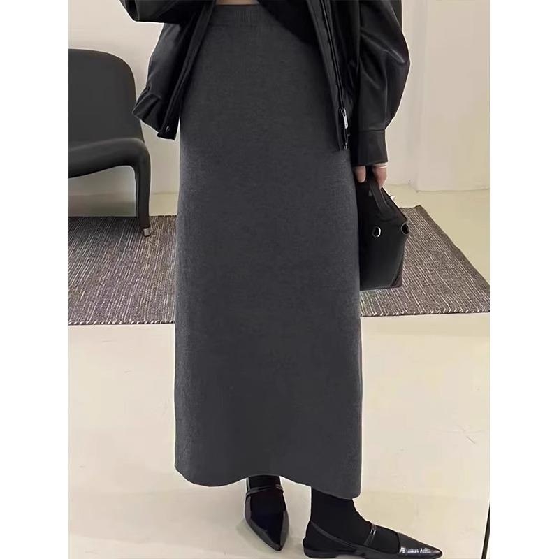 Siva pletena midi suknja s elastičnim pojasom za žene, jesen-zima, elegantan dojam, A-linijska silueta.