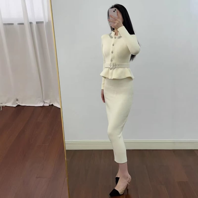 Jesenska pletena haljina s volanima na rubu, nježan i elegantan društveni stil, dugi rukavi, visok struk, maksi duljina