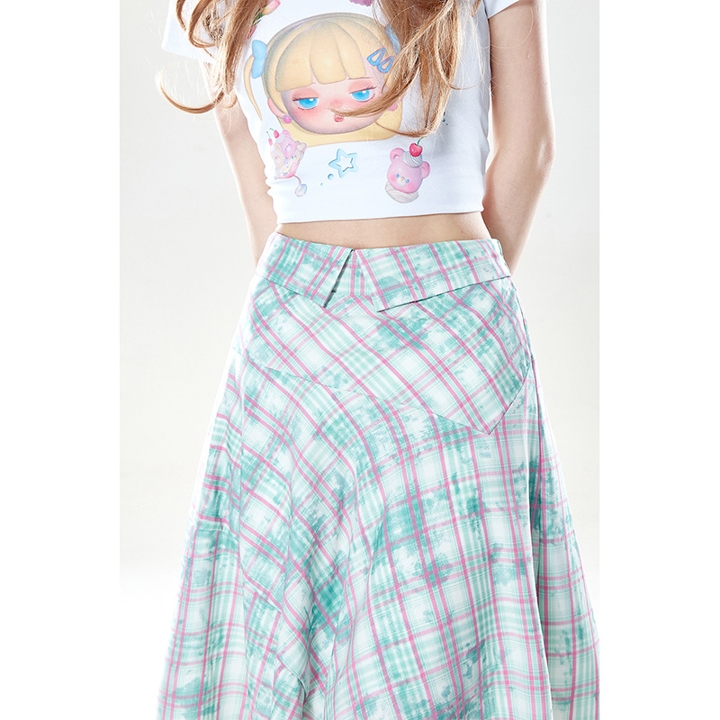 Midi suknja s tie-dye kariranim uzorkom i nepravilan pojas detaljem, ljetna casual, poliester