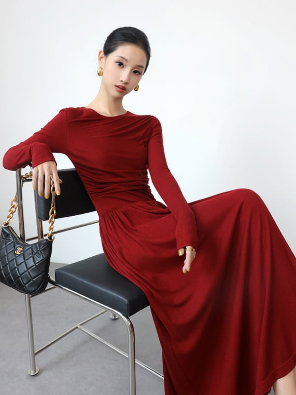 Nova duga haljina s dugim rukavima, elegantan stil, uski kroj, elastična pletena haljina s A-linijom i okruglim izrezom