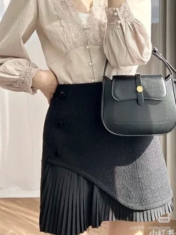 Crna plisirana midi suknja s visokim strukom i tweed patchworkom, za žene