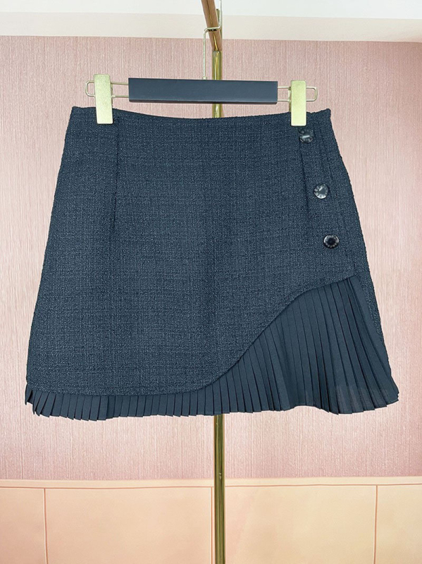 Crna plisirana midi suknja s visokim strukom i tweed patchworkom, za žene